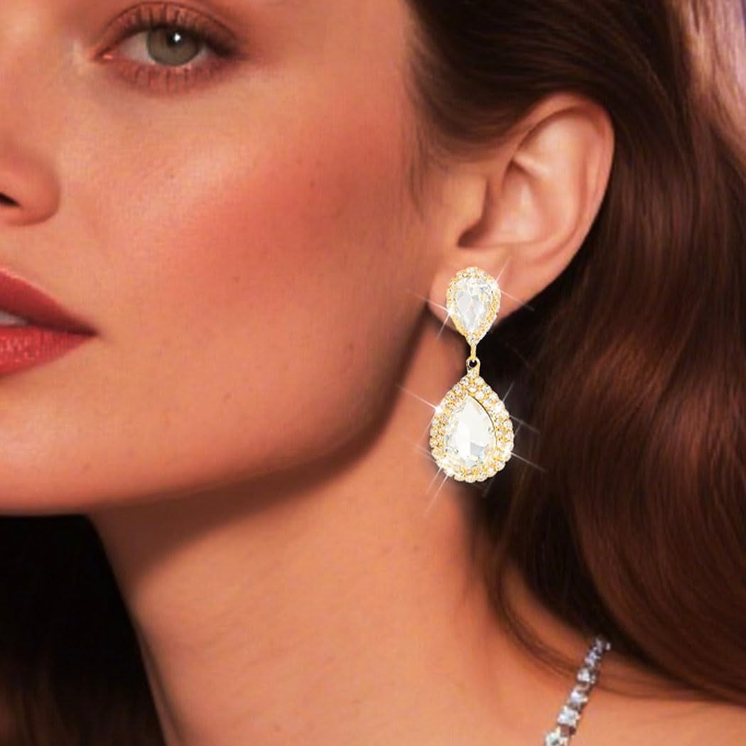 Unicra Silver Rhinestone Teardrop Earrings Crystal Wedding Bridal Dangle Earrings Prom Drop Earrings for Women and Brides