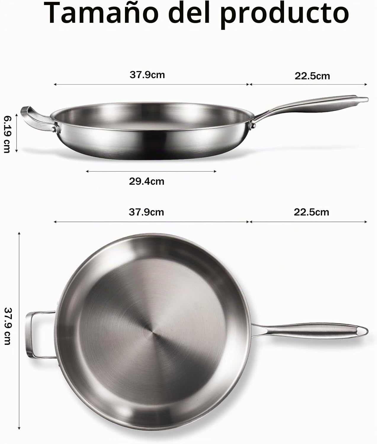 Sartén de Acero Inoxidable de 36 cm con Tapa: Estructura Triple Capa,18/10,sin Revestimiento Antiadherente,Libre de PFOA,PFAS y PTFE,Ahorro Energético del 20%,Compatible con Todo Tipo de Cocinas