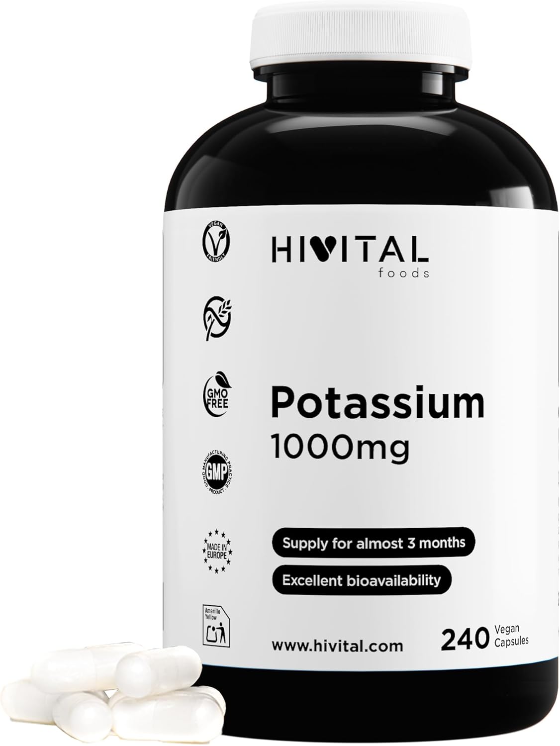Potassium 1000 mg from organic salt of potassium citrate. 240 vegan capsules for an almost 3 month treatment. Essential mineral for the body. Made by HIVITAL