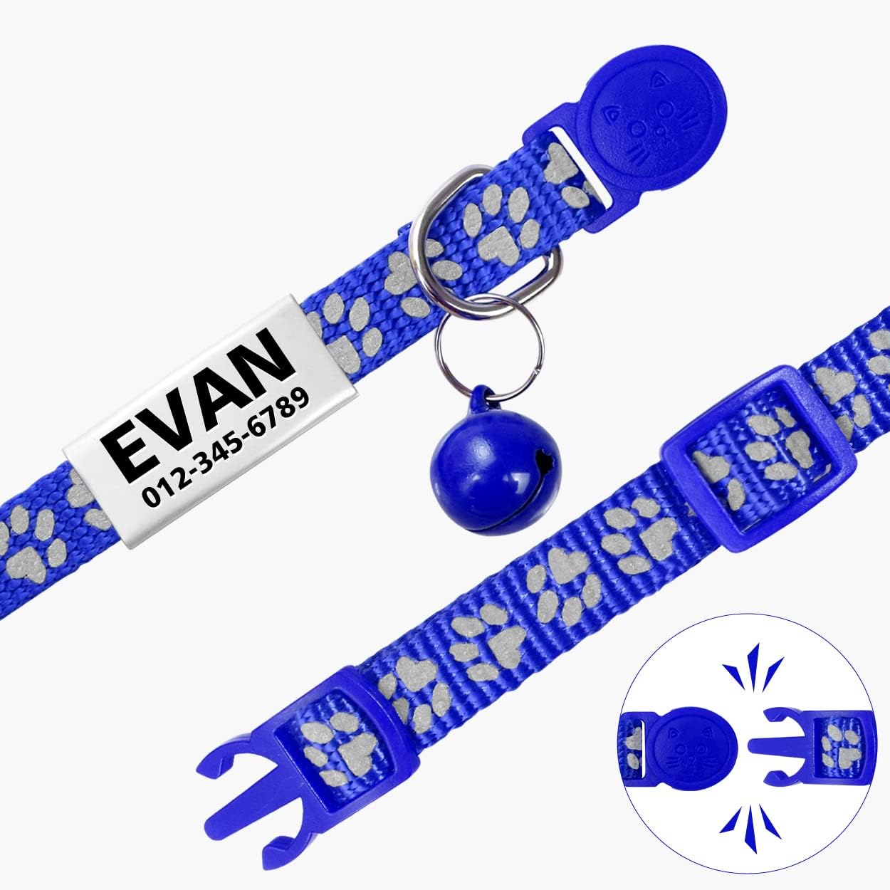 TagME 2 Pack Personalized Reflective Cat Collars Breakaway with Bell, 6-8 Inch Adjustable Pet Collars for Boy & Girl Kitten, Navy Blue