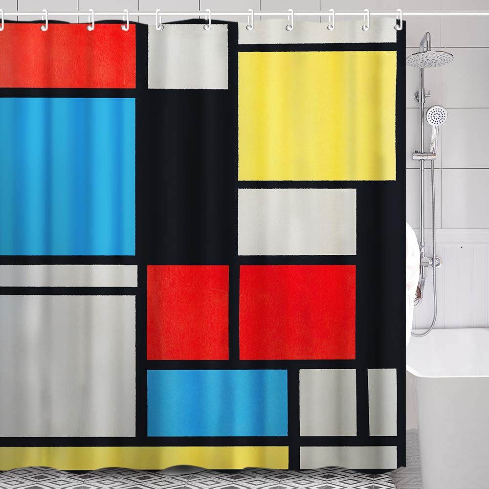 INVIN ART Bathroom Shower Curtain Set with Hooks,Composition in Blue, red and Yellow by Piet Cornelies Mondrian,Home Art Paintings Pictures for Bathroom