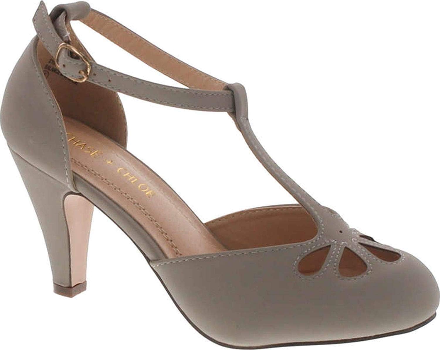 Chase & Chloe New Kimmy-36 Women's Teardrop Cut Out T-Strap Mid Heel Dress Pumps