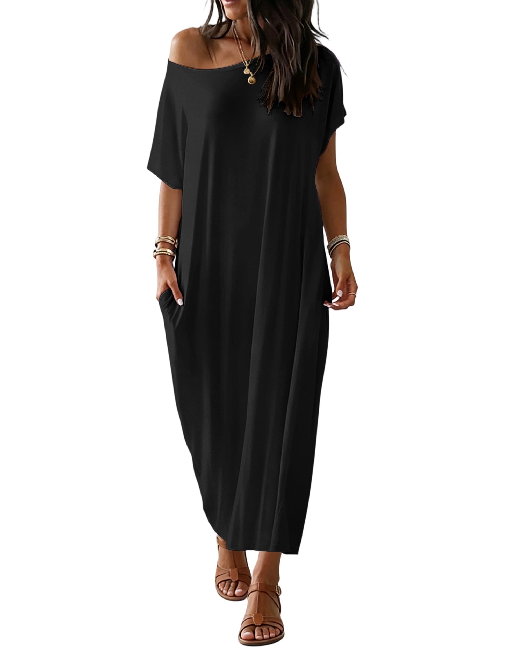 Maxi abito casual da donna con tasche, vestibilità ampia, estivo, a maniche corte, in viscosa, per spiaggia e vacanze, S-3XL