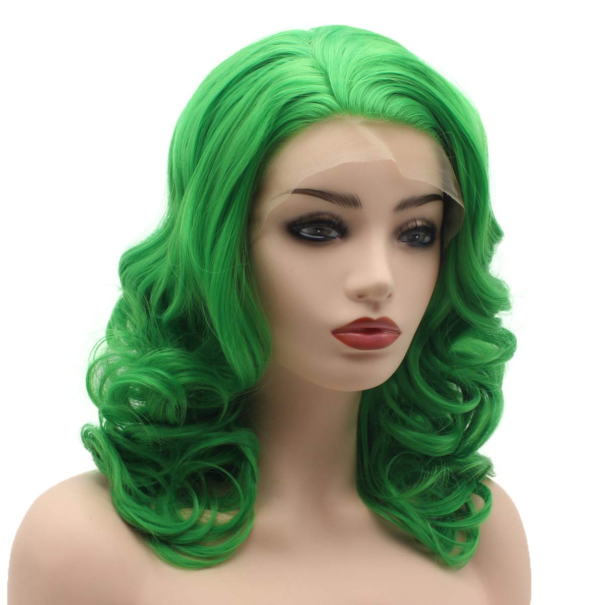 Hair Wavy Shoulder Length 16inch Green Heavy Density Realistic Synthetic Lace Front Wigs
