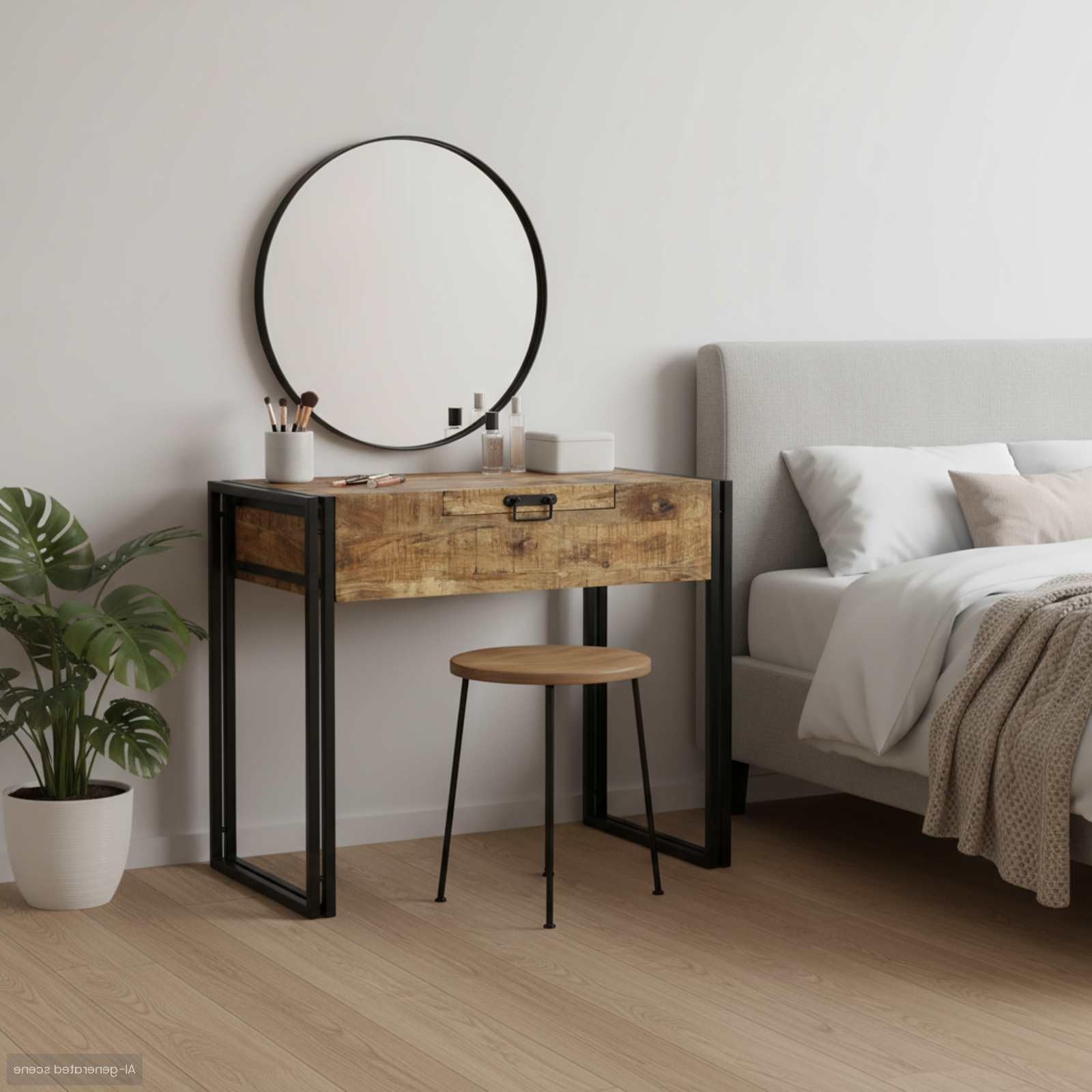 Stolik fryzjerski do sypialni z brązowego litego drewna mango z miejscem do przechowywania i lustrem, 90 x 50 x 75 cm, kompaktowy do sypialni, komoda do makijażu z szufladami i oświetleniem