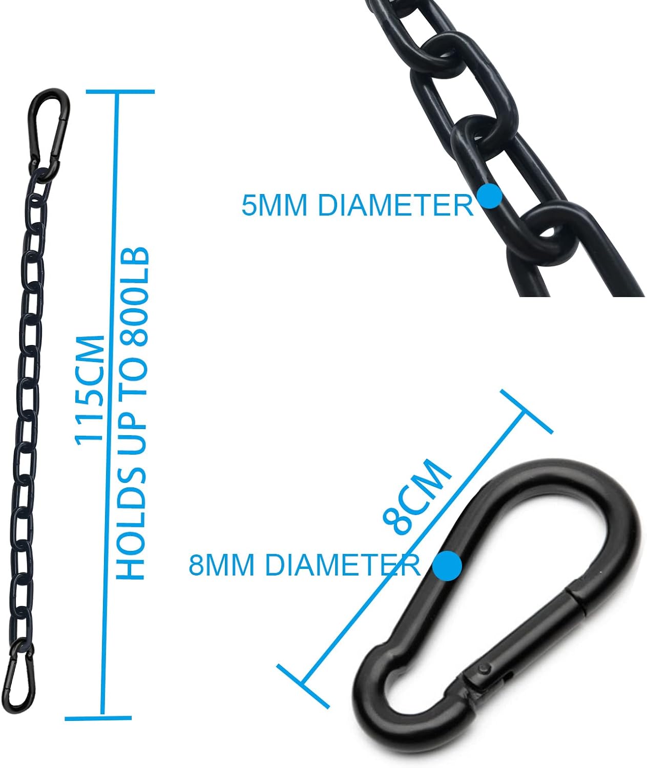 2Pcs Black Heavy Duty Hanging Chains with 4 Carabiners, Chair Hardware for Indoor Outdoor Playground Hanging Chair Hammock Punching Bags 800 LB Capacity (Black Metal Chain-43 Inch-2 Packs) - Image 6