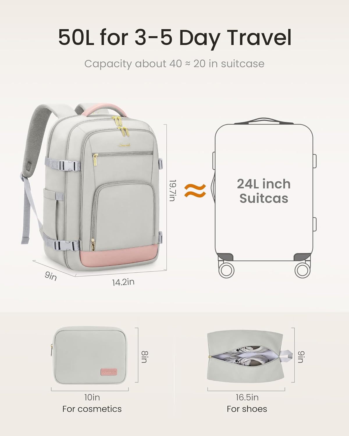 LOVEVOOK Travel Backpack for Women, 50L Carry On Backpack Flight Approved with Garment Bag, Personal Item Travel Bag Fit 17 Inch Laptop, Business Weekender Overnight Daypack With 2 Cubes, Pink-Grey