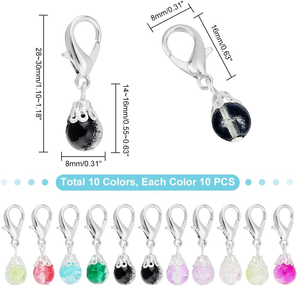 PH PandaHall 100pcs Crystal Dangle Charms, 1.1 inch Crackle Glass Beads Pendant Charms 10 Color Dangle Glass Charm Lobster Clasp Charm for Jewelry Making Crafts Keychain Purse Decoration - Image 2