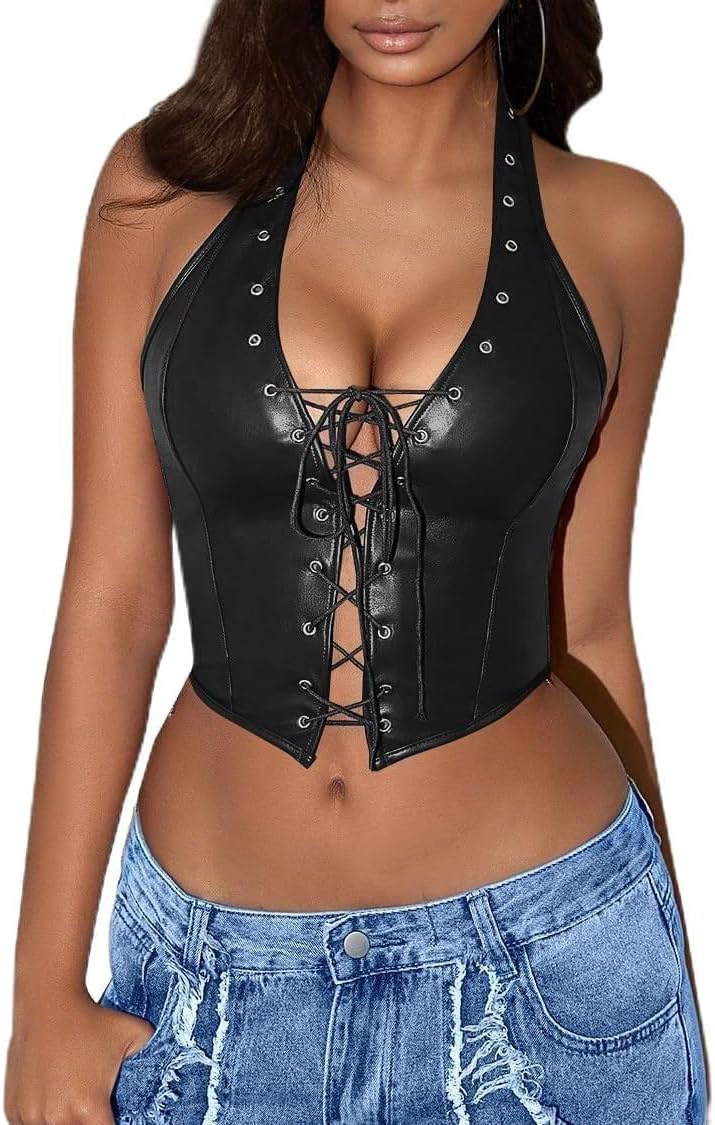 Avanova Women Leather Halter Top Tank Lace Up Corset Bustier Going Out Sexy Crop Top
