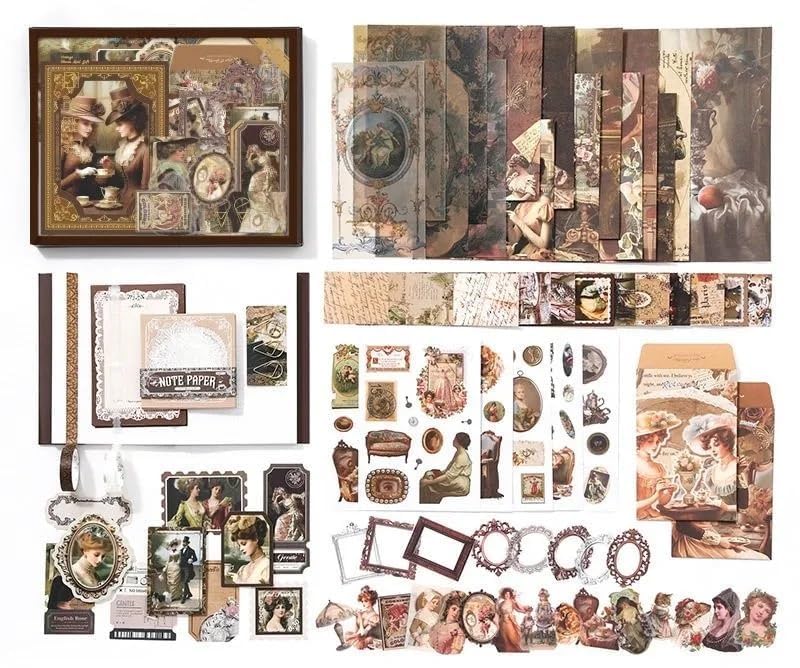 Image of GKN Scrape Book Kit 346pcs Vintage Journal Scrapbook Pack Kit For Art Journaling Bullet, Planners Diy Paper Stickers, Craft Kits Notebook, Collage Album Aesthetic Sticker Scrapebooking Album (Brown Victorian)