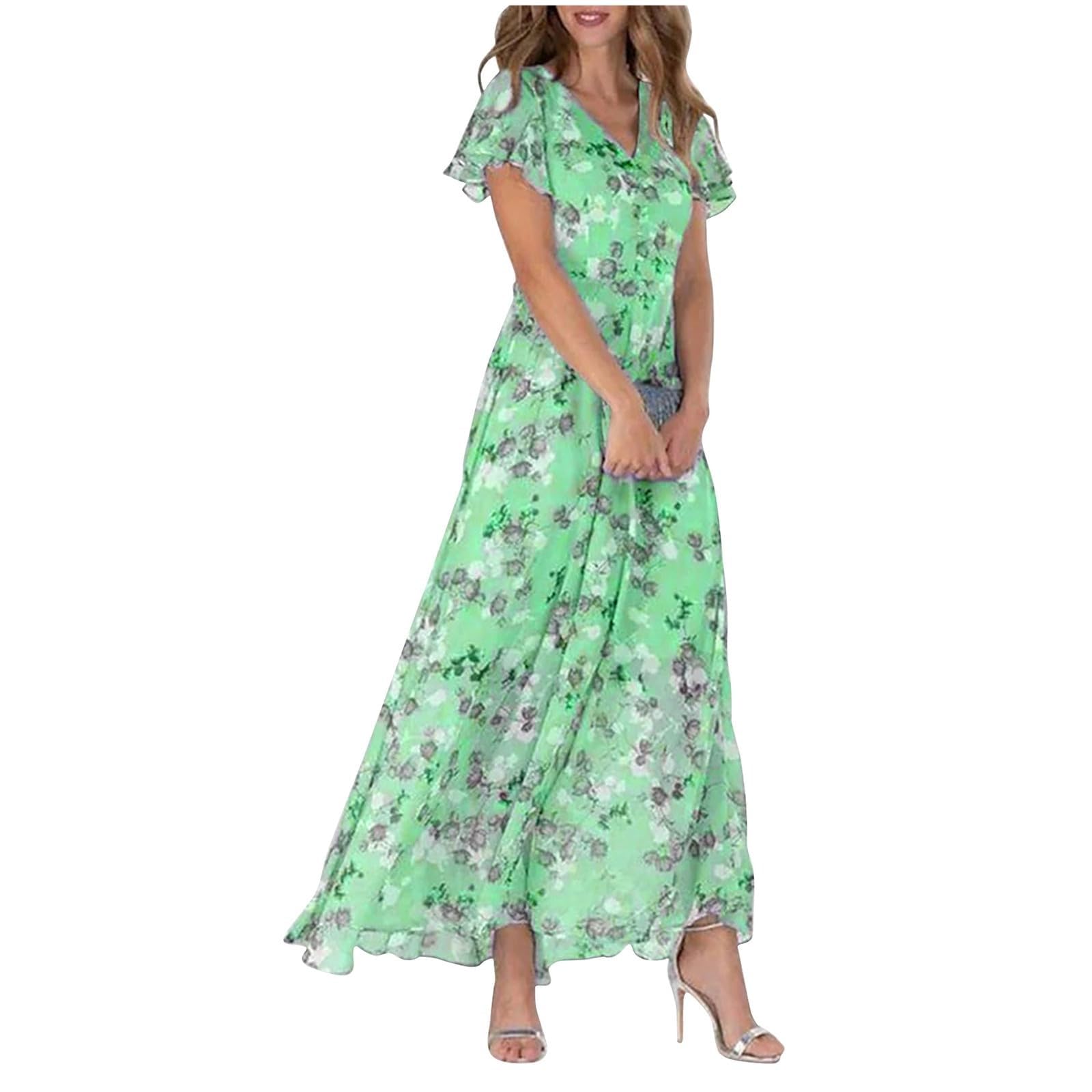 Vestidos de verano para mujer, estilo casual, de gasa, con vuelo, manga corta, con volantes, floral, cita, noche, cuello en V, a la moda, primavera, trabajo, cóctel, elegante, vestidos de verano para