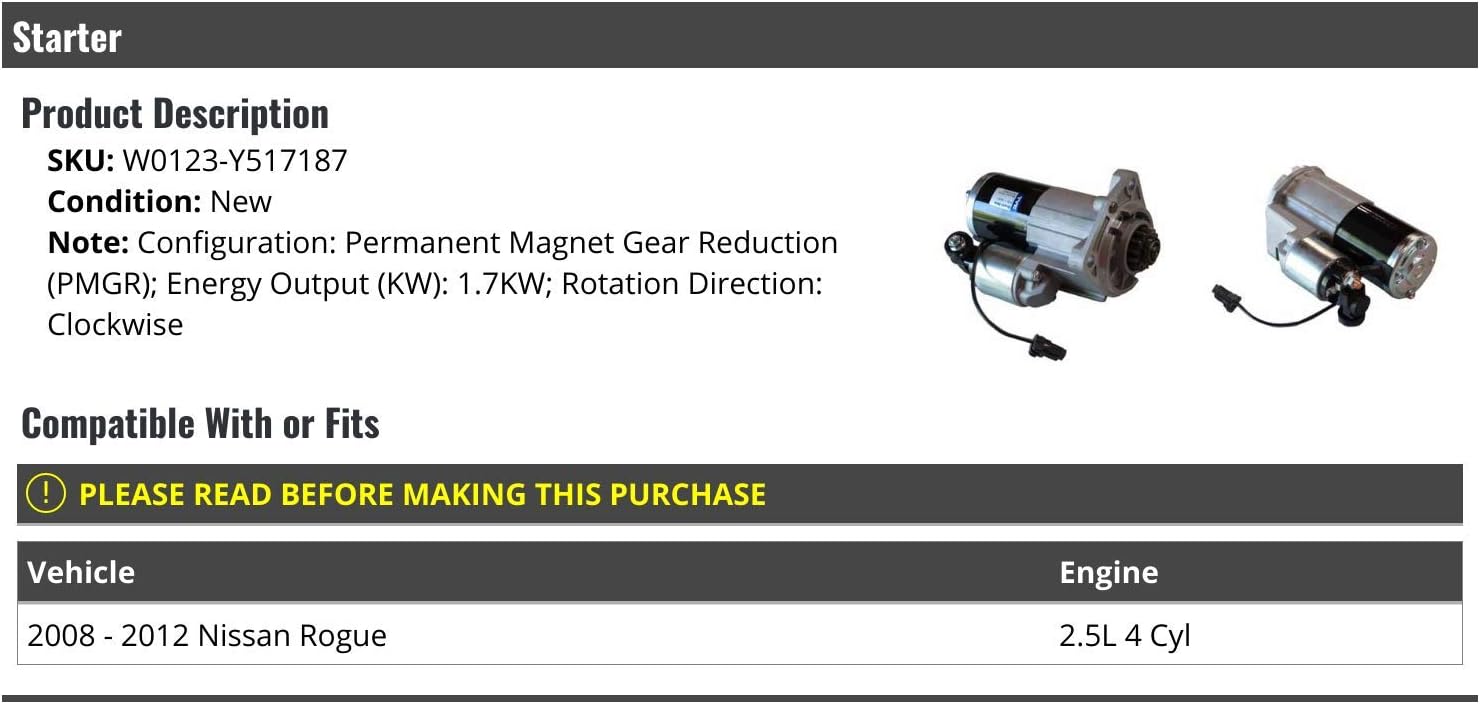 Starter - Compatible with 2008-2012 Nissan Rogue 2.5L 4 Cylinder
