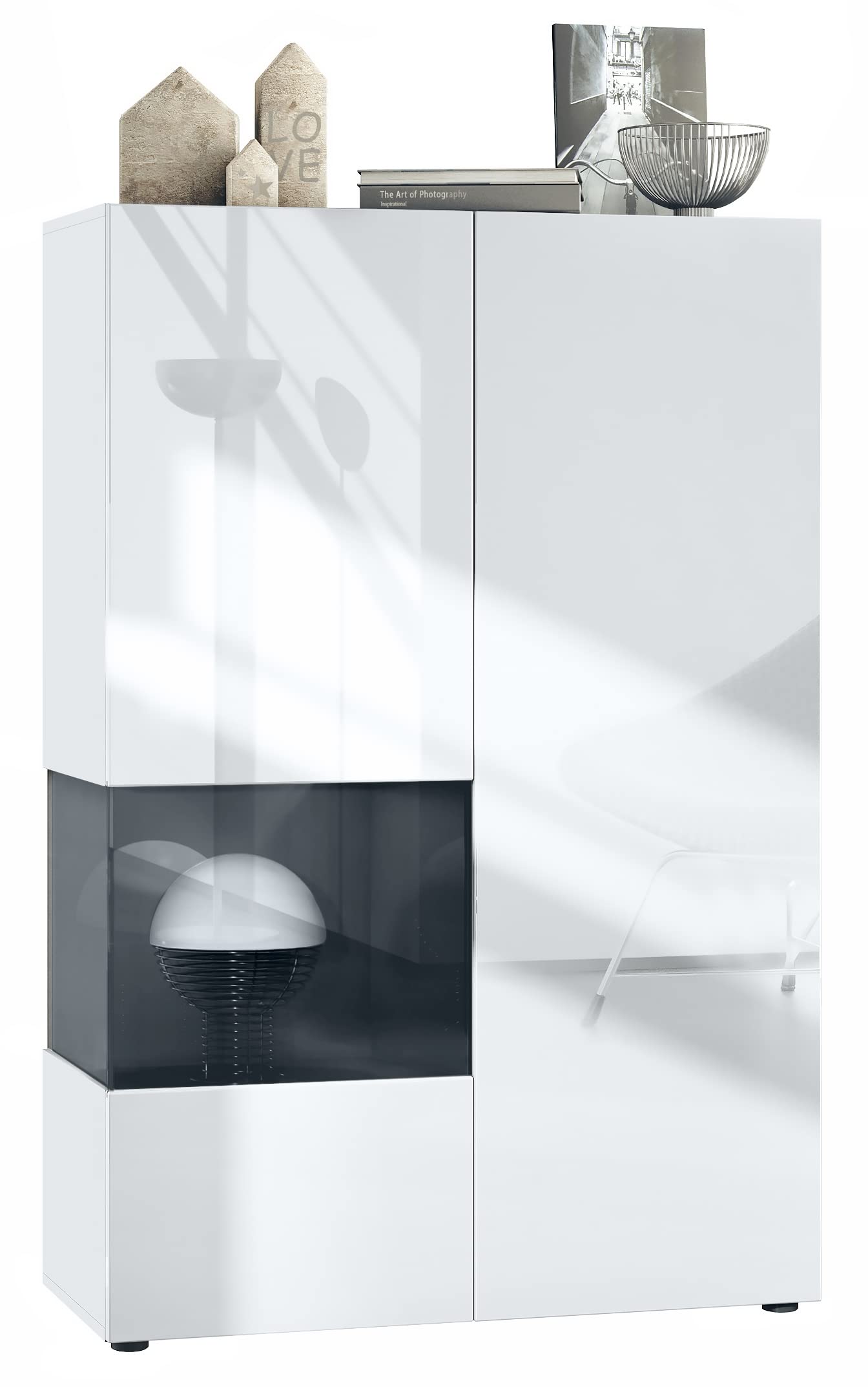 Vladon Vitrine Morena V2, Made in Germany, Standvitrine mit 2 Türen und Glaseinsatz, Korpus Weiß matt, Fronten Weiß Hochglanz, Cube Schwarz Hochglanz (91,5 x 136,5 x 37 cm)
