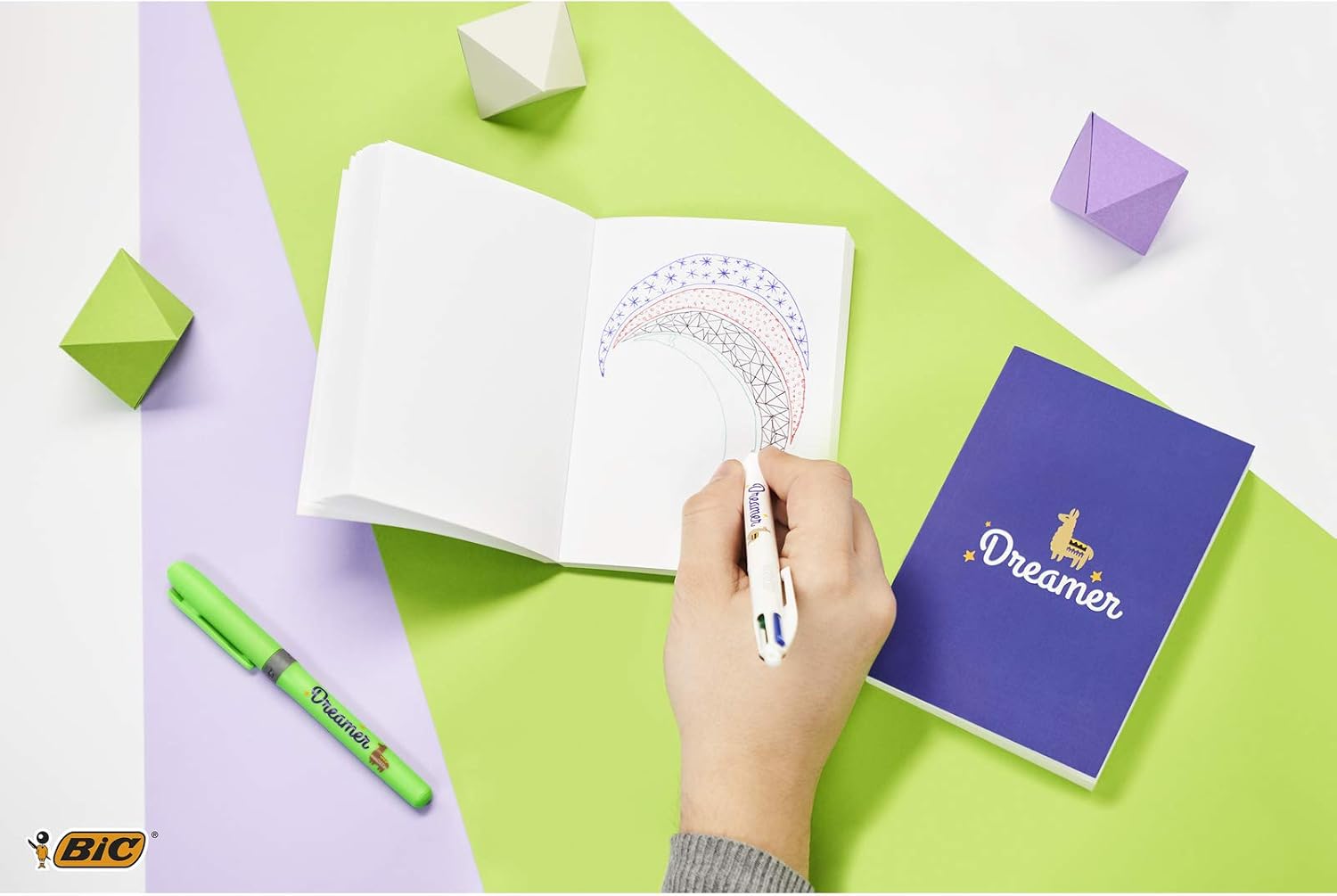 BIC My Message Dreamer Kit - Stationery Kit with 1 Ballpoint Pen 4 Colours/ 1 Highlighter Grip Green/ 1 A6 White Notebook, Multicolor, (Pack of 1), 972091