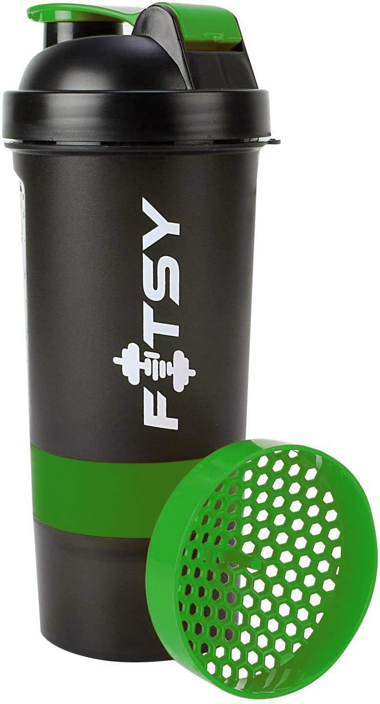 Fitsy Protein Shaker Bottle for Gym with Storage Compartment & Pill Tray, 500 ml, Green (AR998)