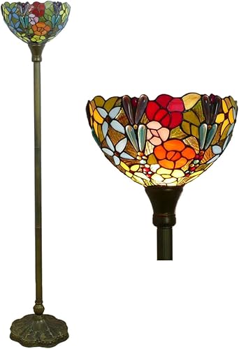 Grape Stained Glass Torchiere Floor Lamps Tiffany Style Vintage Standing Lamp Pastoral Floral Reading Floor Lamps for Bedroom Living Room Study, 63" Tall,B
