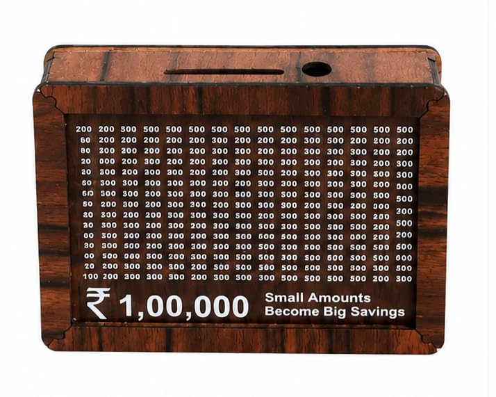 Wooden Money Box Piggy Bank, 15x10x3 cm, Save ₹1,00,000 | Coin Slot on Top, Savings Tracker, Wood Finish, Compact Size, Table Top-image-43
