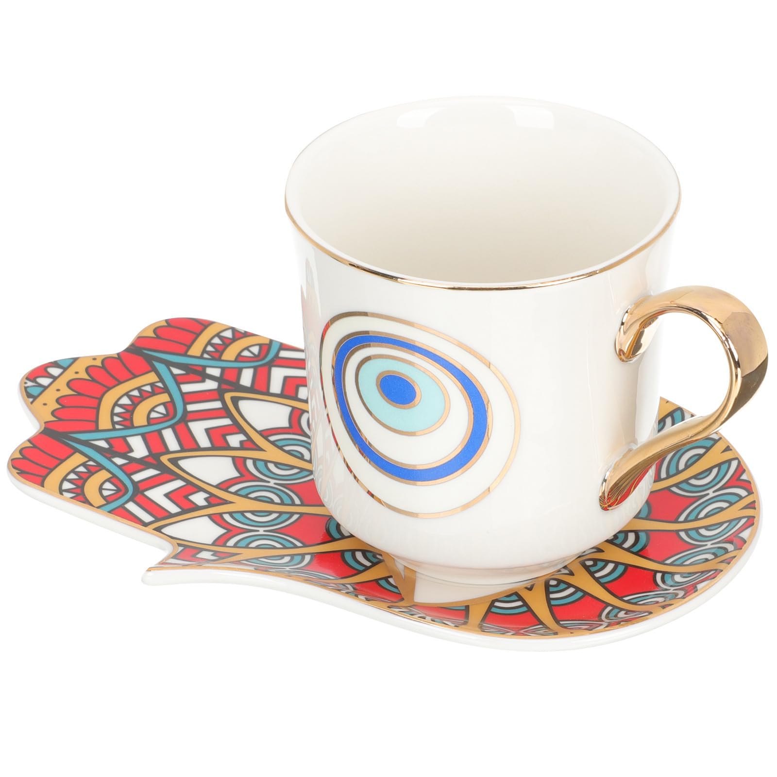 Taza de cerámica de ojo turco con platillo antideslizante para un café seguro