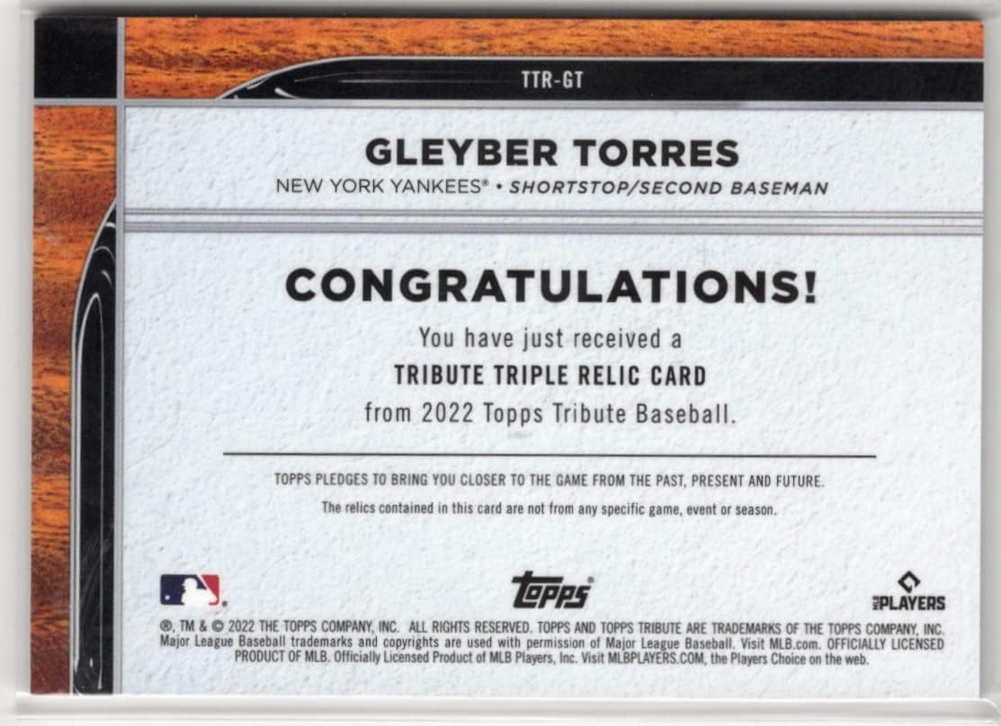 Gleyber Torres Serial Numbered #04/50 Purple Parallel Game Used Tribute Tripl Relic Memorabilia Jersey Collectible Baseball Card - 2022 Topps Tribute Collectible Baseball Card #TTR-GT (Yankees)