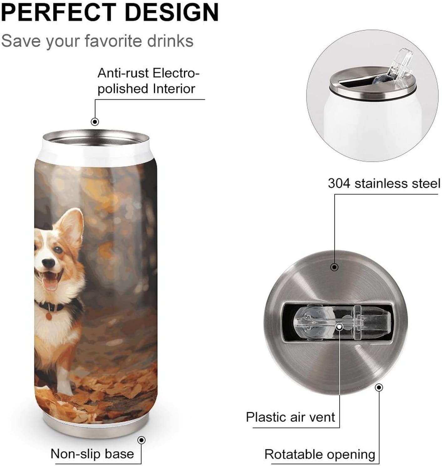 Stainless Steel Cups Corgi Dog Printed Coke Cup Stainless Steel Insulated Cups with Lid And Straw