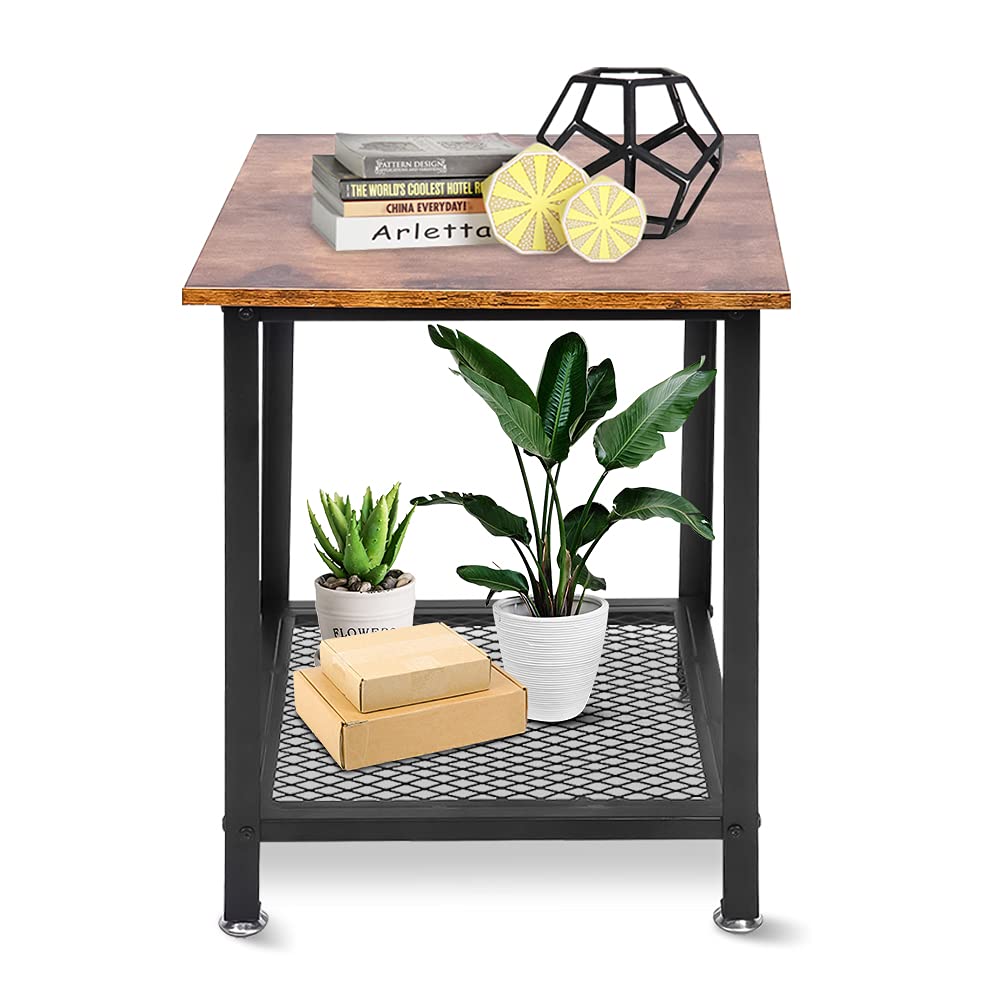 Industrial Nightstand Coffee Table, Modern Square End Table Coffee Table with Storage Grid Sturdy Wrought Iron Side Table for Bedroom Living Room 46x46x56cm