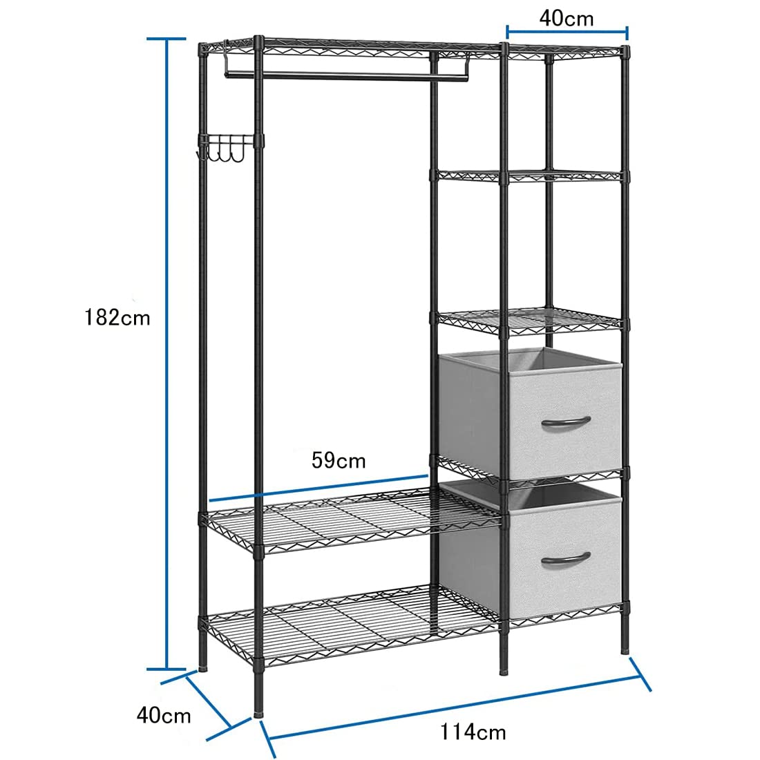 Kleiderständer, Metall-Garderobenständer mit 4 Ablagen und 3 Kleiderstangen, Höhen- und Breitenverstellbar, Maximale Belastung 290kg, 114 * 42 * 194cm