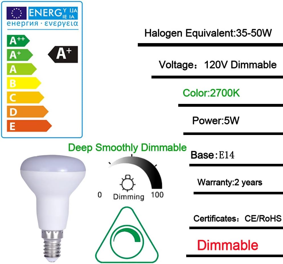 R50 E14 Base 5W LED Bulb 2700K Soft White 120V Dimmable Replace 50W Reflector Incandescent Bulb (Warm White 2700K)