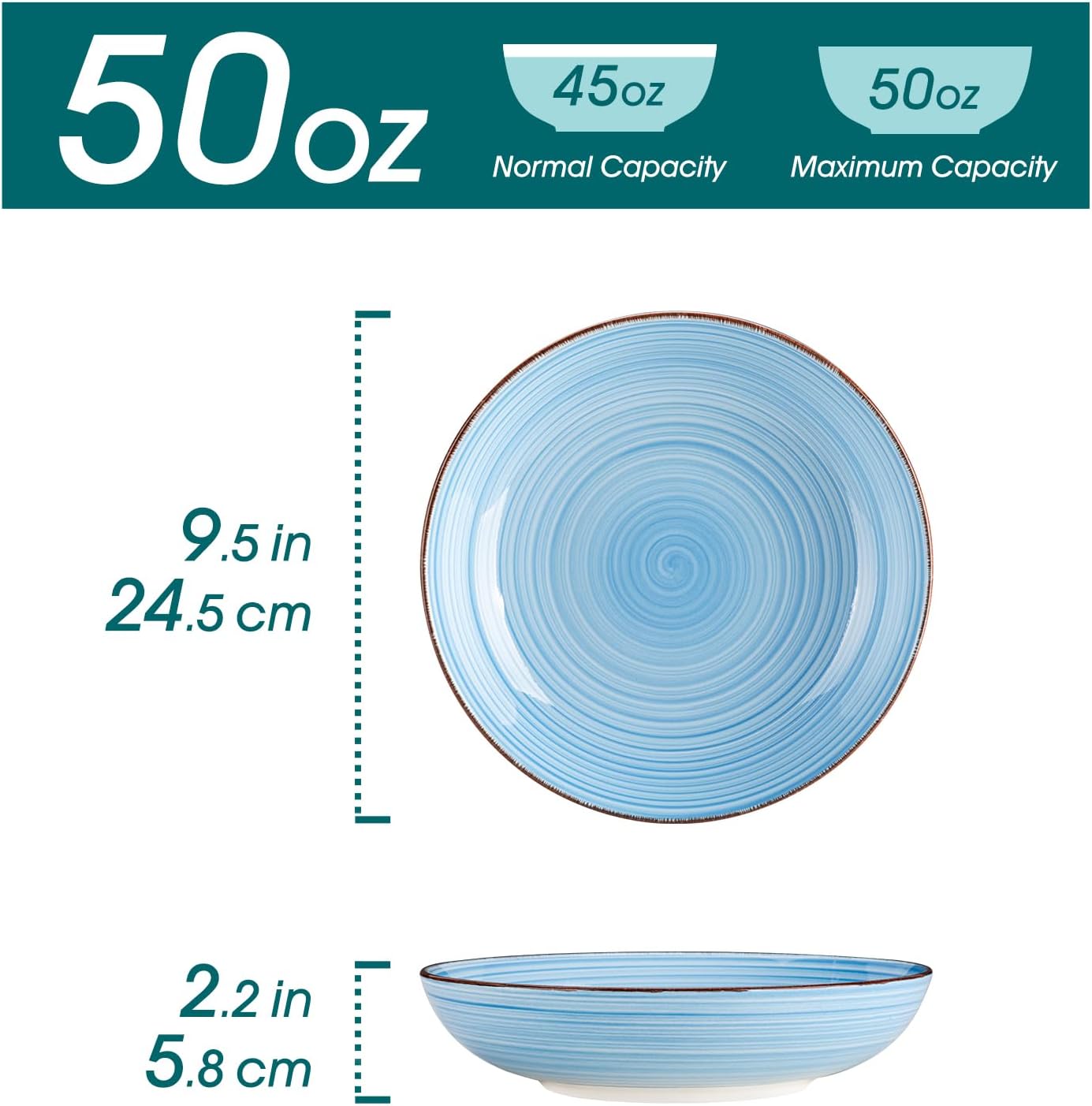 vancasso Bonita Pasta Bowls Set of 6, 50oz Large Salad Bowls for Kitchen, Stoneware Serving Bowls Dishwasher & Microwave Safe, Blue Bowl Set - Image 2