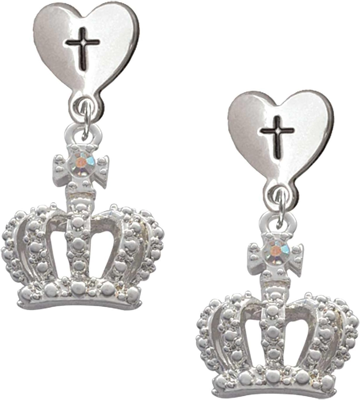 Delight Jewelry Silvertone Crown with AB Crystal Cross in Heart Post Dangle Earrings