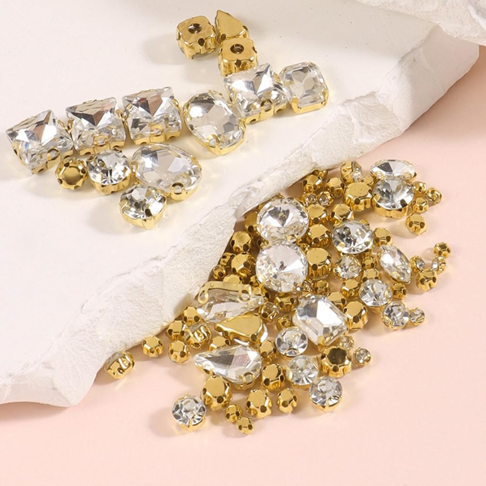 Zzcy 450 stuks strass-steentjes om op textiel te naaien, glazen strass-steentjes om op te naaien, transparant, in 7 maten, met 6 gaten, met klauw in zilver, voor kleding, doe-het-zelf