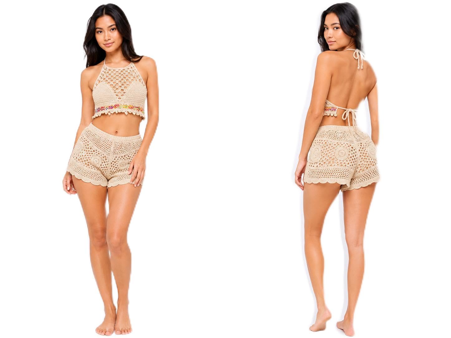 Women's Crochet Crop Top and Shorts Co-ord Set, Beige-picture-34