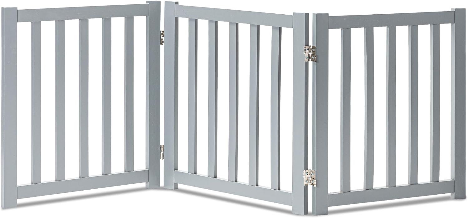 LZRS Solid Hardwood Freestanding Pet Gate,Wooden Dog Gates for Doorways,Nature Wood Dog Gates for The House,Dog Gate for Stairs,Freestanding Indoor Gate Safety Fence,Grey,24" Height-3 Panels 24"Height-3 Panel Gray