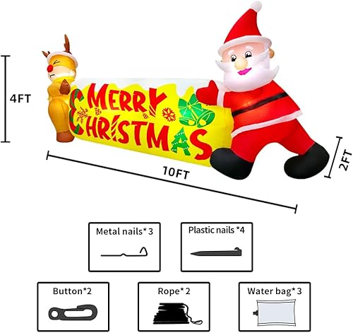 Miniatura 6 de KOOY Reno inflable de Papá Noel de 10 pies con pancarta de Feliz Navidad, decoración inflable de Navidad, decoración de patio, luz LED para fiestas,