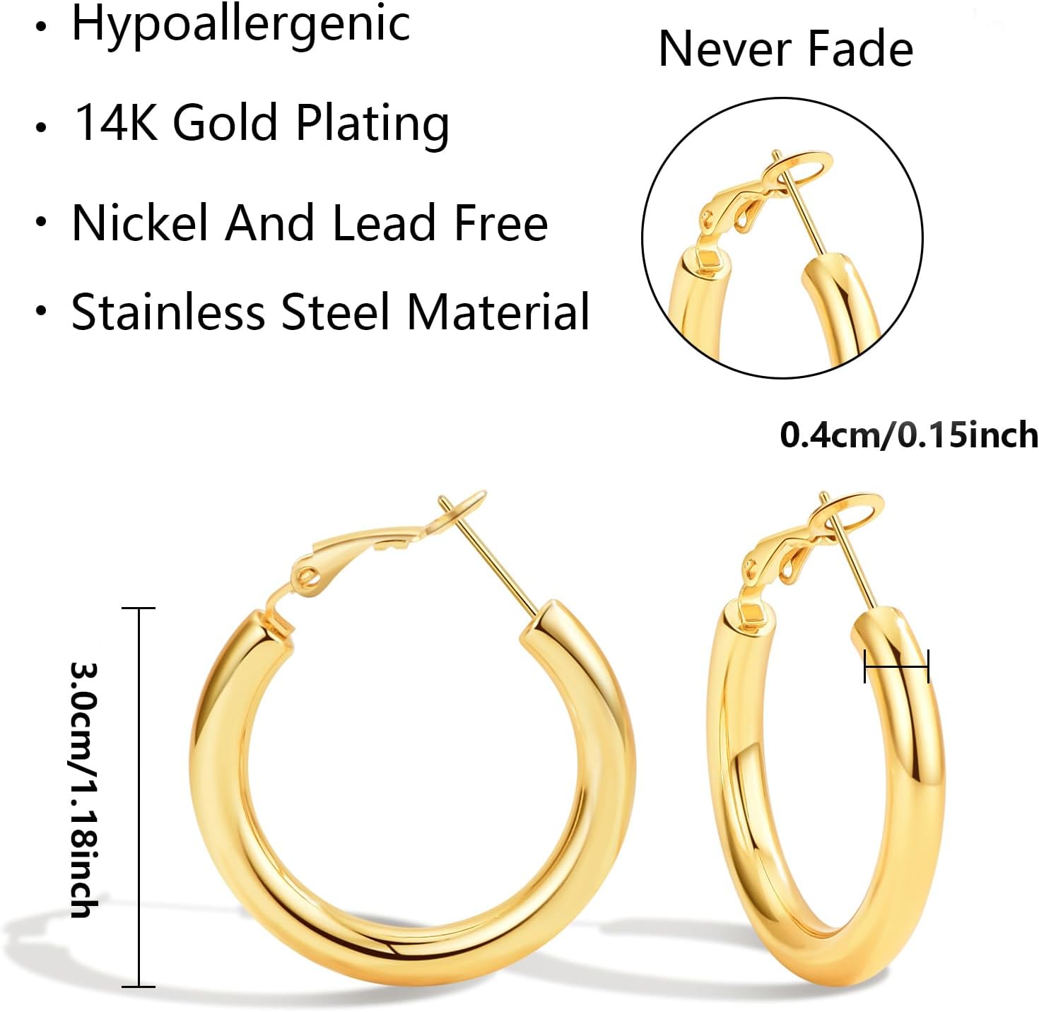 30MM Small Thick Gold Hoops Earrings for Women 14K Gold Plated Titanium Chunky Hoop Earrings - Image 2