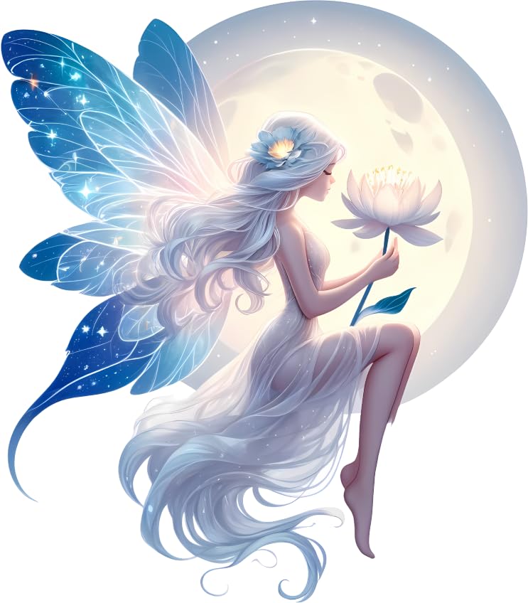 x4 White Fairy Holding Flower in The Moon Vinyl Stickers Non Transparent Fairies Art Decals 1@ 20cm for Toilet/Laptop and 3@ 7cm for Phone case Cups etc Cover Marks (Flower White)