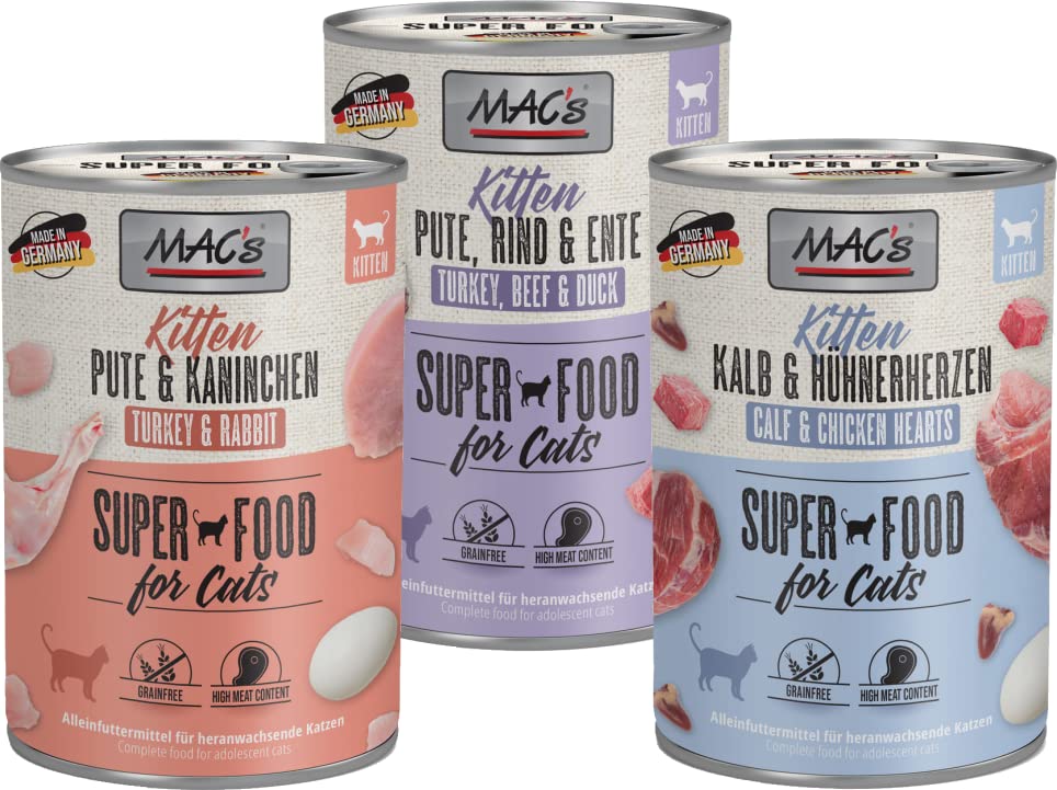 Mac's Kitten Mix 12 x 400g | 3 Sorten Katzenfutter für Kitten – Pute/Rind/Ente, Pute/Kaninchen, Kalb/Hühnerherzen – Getreidefrei, hoher Fleischanteil, artgerecht