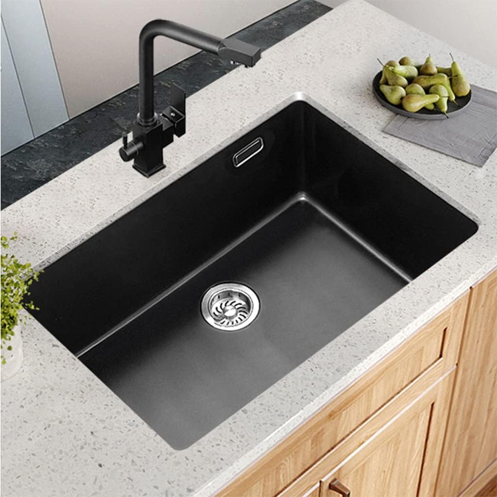 Kitchen Sinks,Kitchen Sink Brushed ​Sink, Quartz Stwith Three-In-Faucet, Drop-In Ordermount Installation/Black/77X47Cm