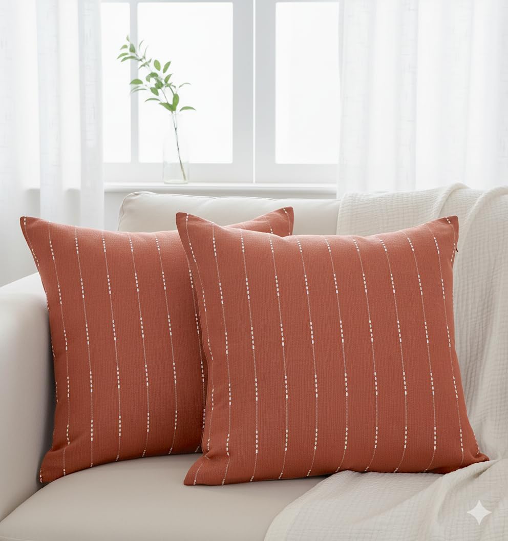 Modern Cotton Pillow Covers 20 x20 inches Terracotta/Woven Loom Stripe Pattern Contemporary Luxury Cushion Covers Burnt Orange/Simple Throw Pillow Cases for Living Room Sofa, Couch, Bed, Set of 2