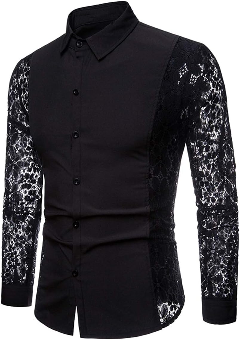 INVACHI Men's Sexy Lace See Through Shirts Blouse Long Sleeve Button Down Fishnet Sheer Shirts