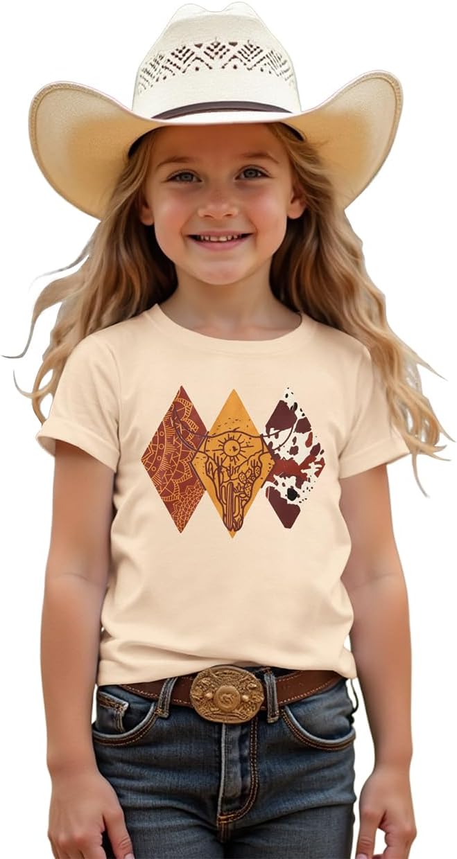 MODNTOGA Toddler Baby Girl Rodeo Cow Skull Shirt Retro Cowgirl Graphic T-Shirt Western Cow Print Summer Tee Short Sleeve Tops