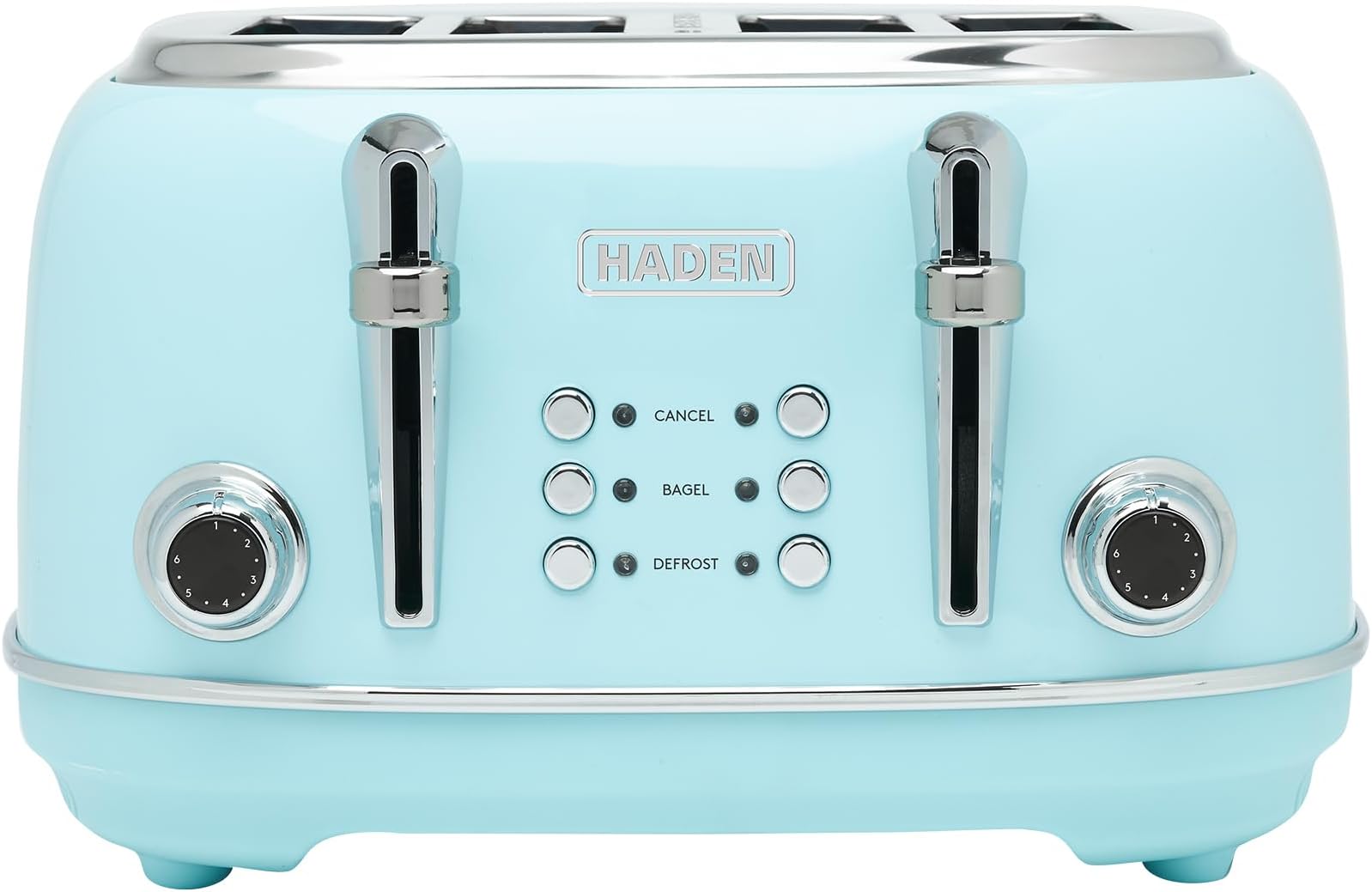 Haden Heritage 4 Slice Wide Slot Stainless Steel Toaster with Adjustable Browning Control & Non-Slip Feet, Turquoise & Chrome
