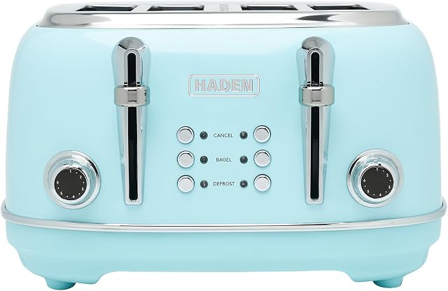 Grille-pain HADEN 75005 HERITAGE 4 tranches, fente large avec contrôle de brunissage, réglages d'annulation et de décongélation en bleu turquoise clair