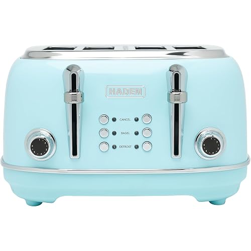 Haden Heritage 4 Slice Wide Slot Stainless Steel Toaster with Adjustable Browning Control & Non-Slip Feet, Turquoise & Chrome