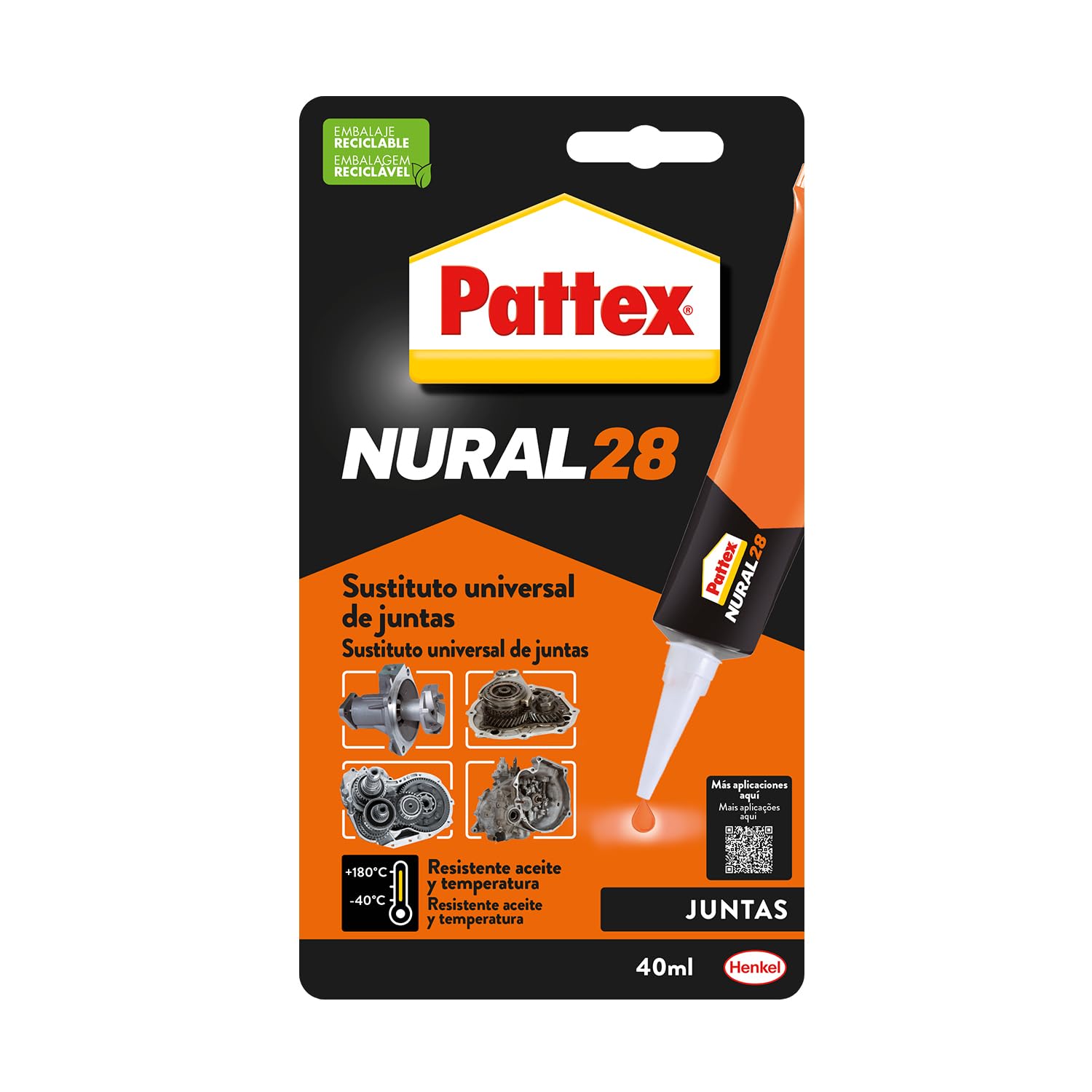 Pattex Nural 28 Sustituto universal de juntas, sellador de juntas para automoción e industria, silicona selladora para juntas de culata, cajas de cambio y más, 1 x 40 ml | Para Sustituir Tapas, Juntas de Culata y Cajas de Cambio, Apto para Corcho, Papel, Goma y Fieltro, Rellena Poros y Ralladuras