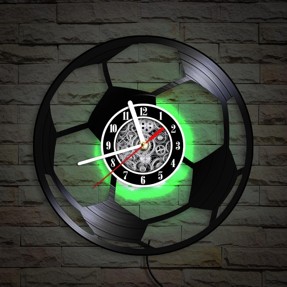 The Geeky Days Football Design Laser Cut Vinyl Record Wall Clock Glow in Dark Soccer Ball LED Lighting Timepiece Bedside Night Lamp for Boys Teenage Room Retro Music Album Longplay Luminous Wall Clock