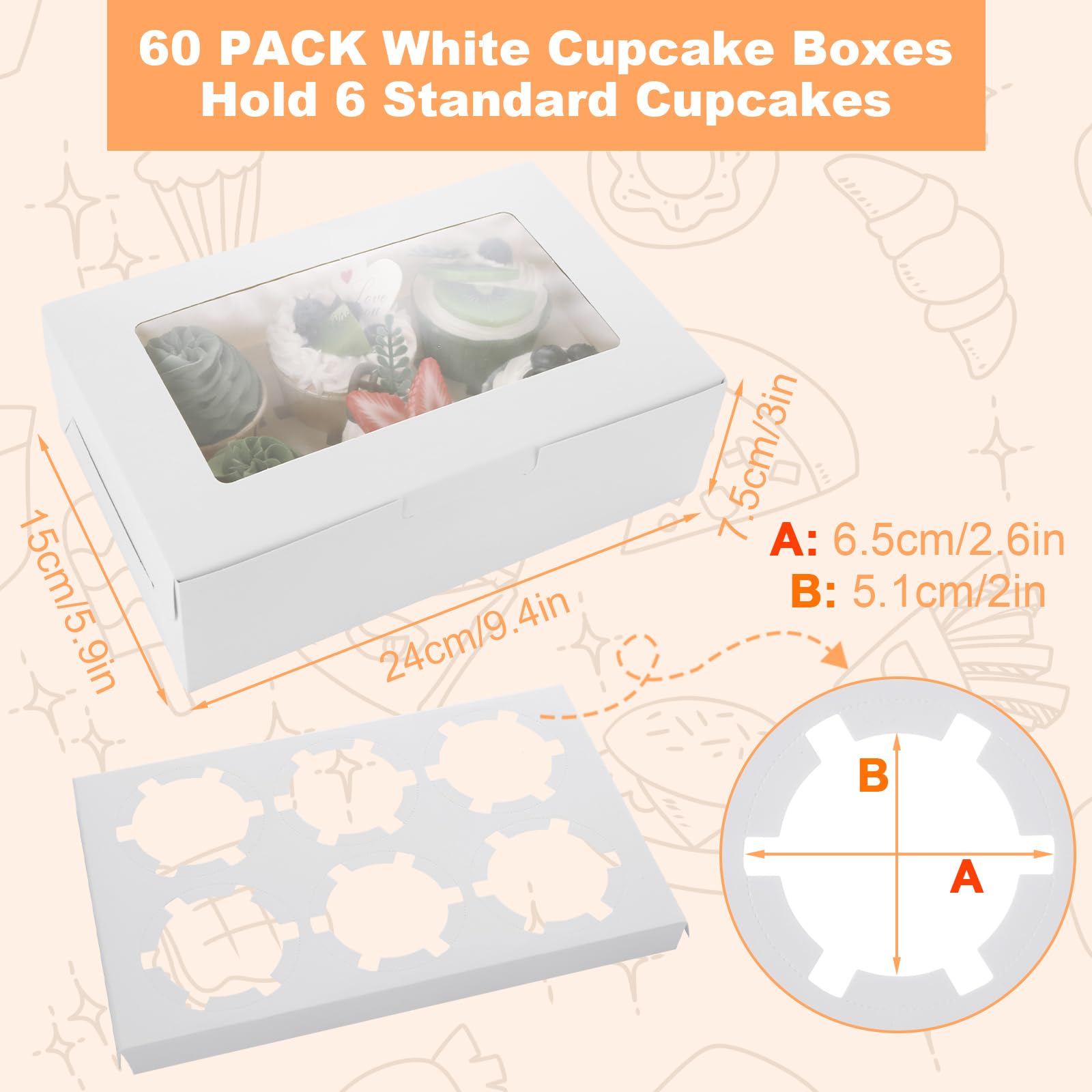RHBLME 60 Pack Cupcake Boxes 6 Count, 9.4x5.9x3 Inch Cupcake Box Half Dozen Cupcake Boxes White Cupcake Containers with Clear Window, 6 Cupcake Box for Cupcakes Muffins Cookies Pastries