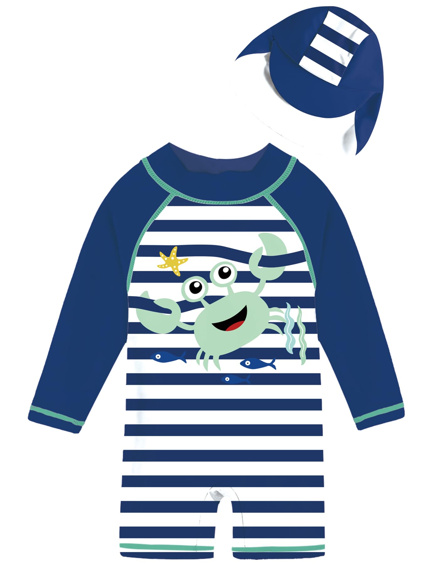 uideazone Baby Boys One Piece Swimsuit Long Sleeve UPF 50+ Rash Guard Bathing Suit Swimwear with Sun Hat 0-24 Months
