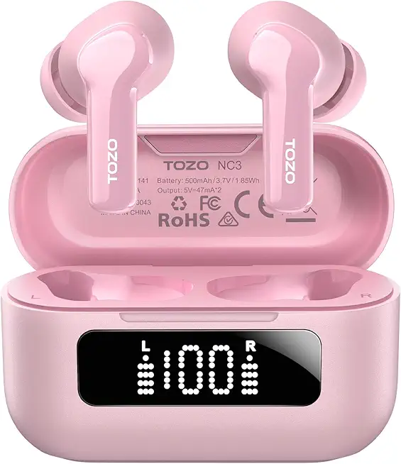 TOZO NC3 Kopfhörer Kabellos Bluetooth 5.3, Bluetooth Kopfhörer, In Ear Kopfhörer mit Hybrid Active Noise Cancelling, 6 Mikrofone, 55 Std, Digitalanzeige, App-Steuerung, IPX8 wasserdicht - Rosa