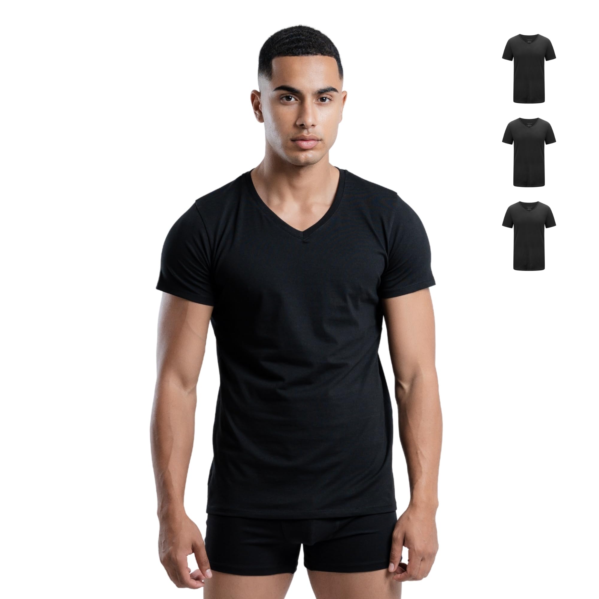 SKIPPER Lot de 3 T-Shirts Homme Stretch Col V Pack Mixte Blanc Noir Beige – Maillots de Corps Slim Fit en Coton Stretch, Respirants et Confortables S-3XL