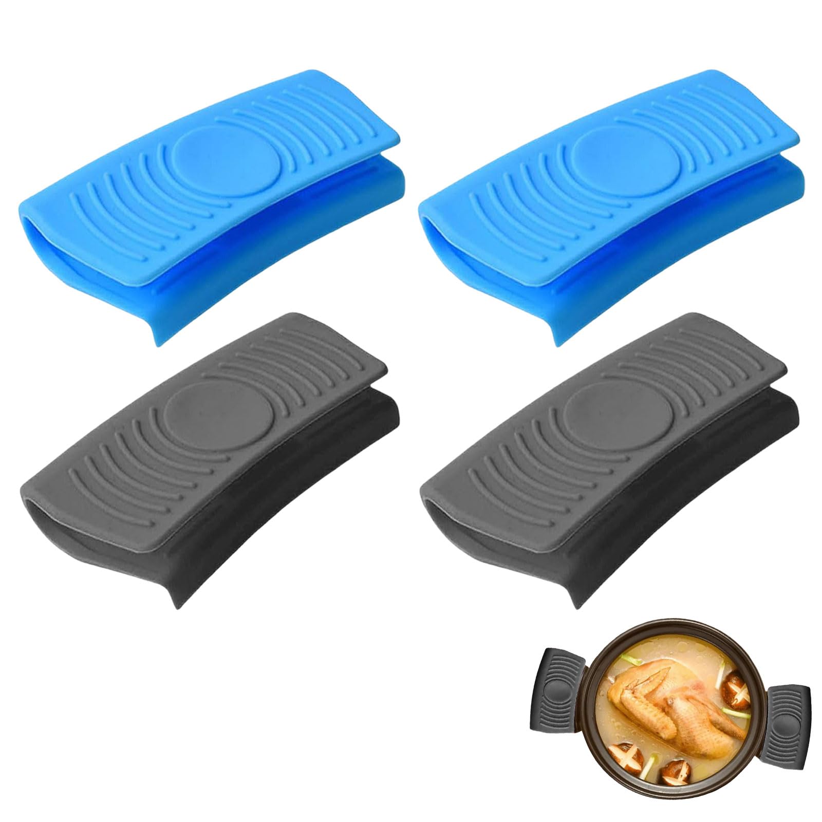 BOHUIMYI 2 Pairs Silicone Assist Handle Holders, Heat Resistant Pan Handle Covers, Non-Slip Pot Handle Grips for Cast Iron Skillets, Kitchen Cooking, Blue & Grey